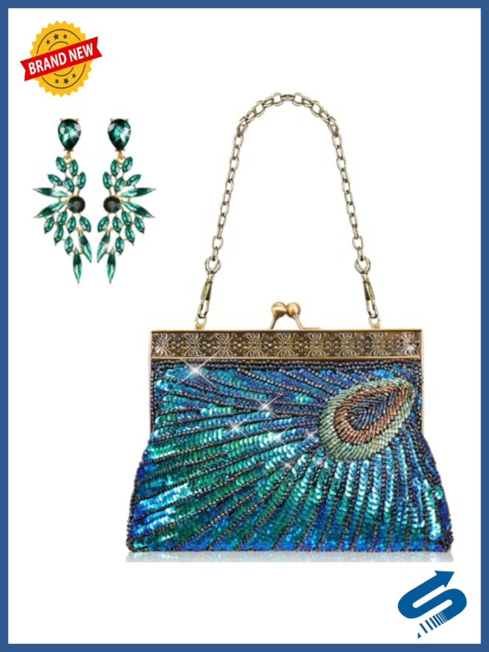 Peacock Sequin Clutch Bag & Crystal Earrings Set Evening Purse